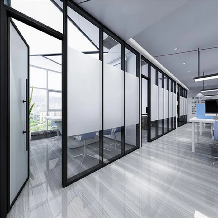 Sound Proof Office Wall Frosted Modular Aluminum Frame Glass Partition Door Double Glass Partition Wall for Office