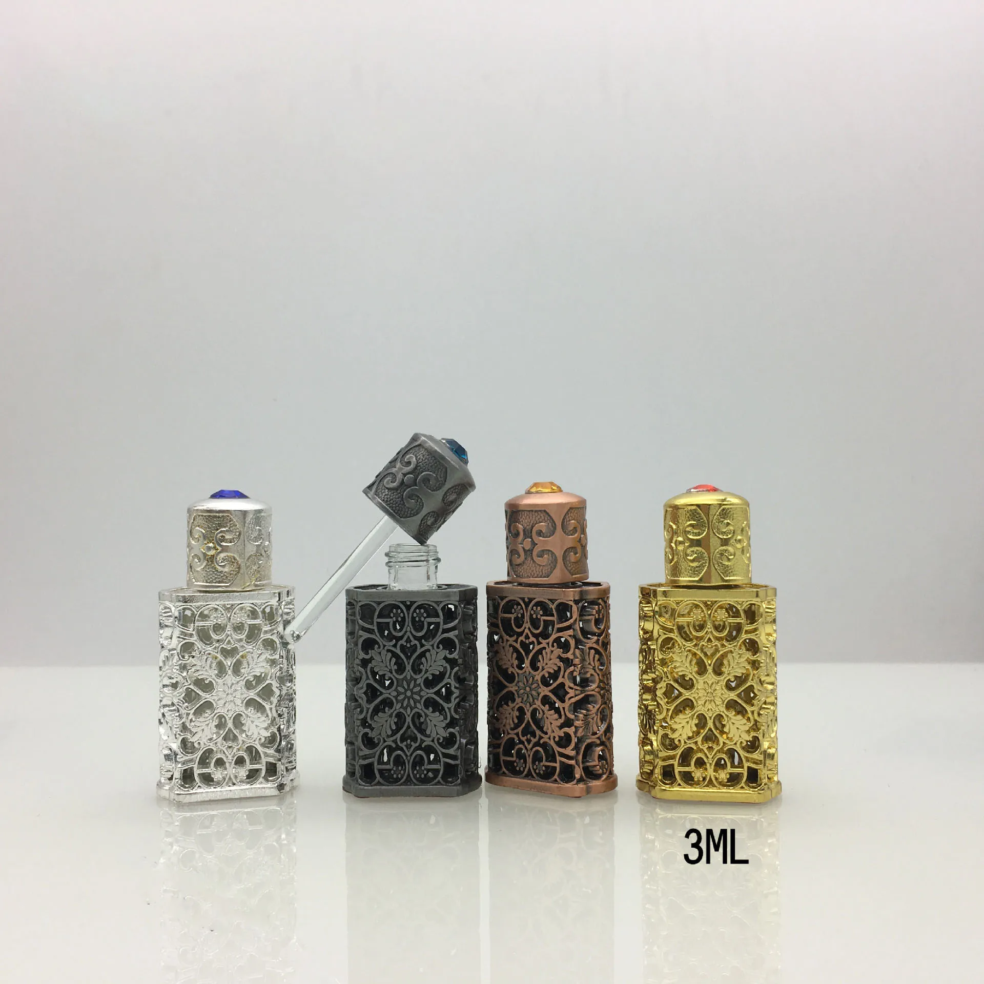 3ml Fancy Empty Arabic Style Metal Perfume Attar Glass Bottle with Glass Stick