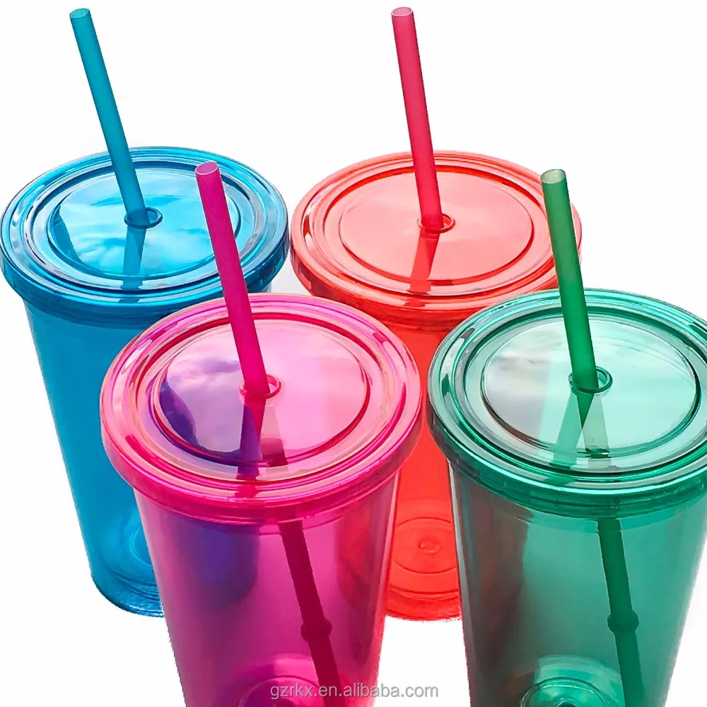 Оптовая продажа индивидуальная пластиковая чашка с крышкой и соломинкой акриловая Двухстенная для напитков прозрачная