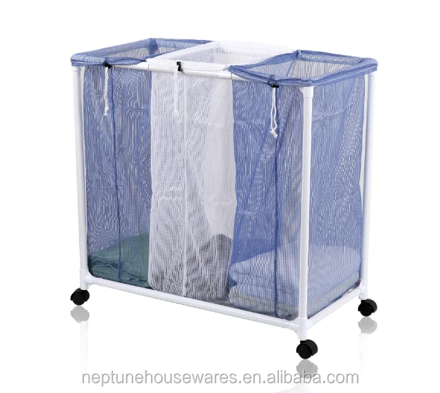 Easy Assembly 3 Bag Mesh Laundry Basket With Wheels Foldable Sorter