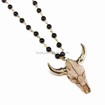 NN1003 Fashion Black Onyx Bead Rosary Chain Necklace with Bull Pendant