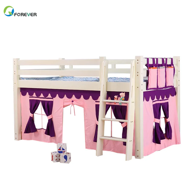 Kids Bunk Bed Loft Toddler Bed in Pine Wood Tent Bed with Fabric Tent