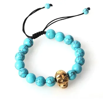 Custom Jewelry Handmade Gold Plated Skull Turquoise Beaded Bracelet For Men