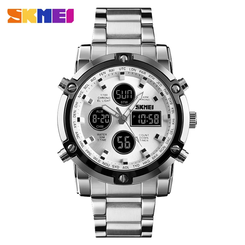 SKMEI 1389 Men Japan Quartz Movement Digital Watches Stainless Steel Watch  Reloj Auto Week Date Alarm Luminous Countdown Fashion