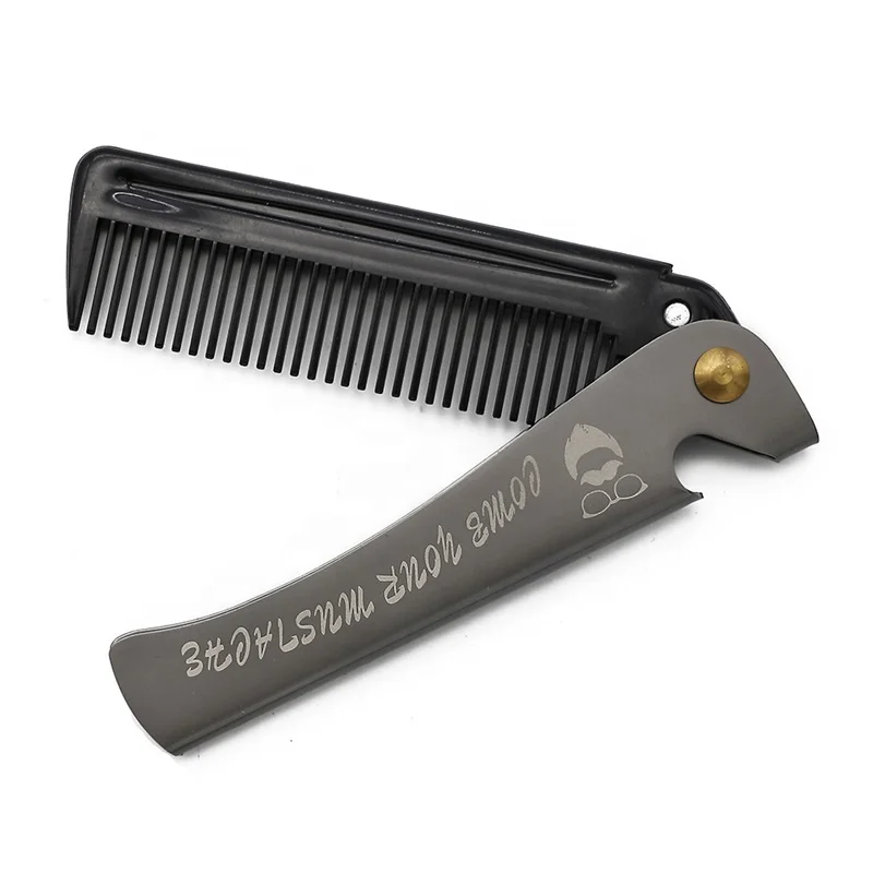 Fashion Men Beard Logo Printed Stainless Steel Comb Bottle Opener Folding Metal Comb