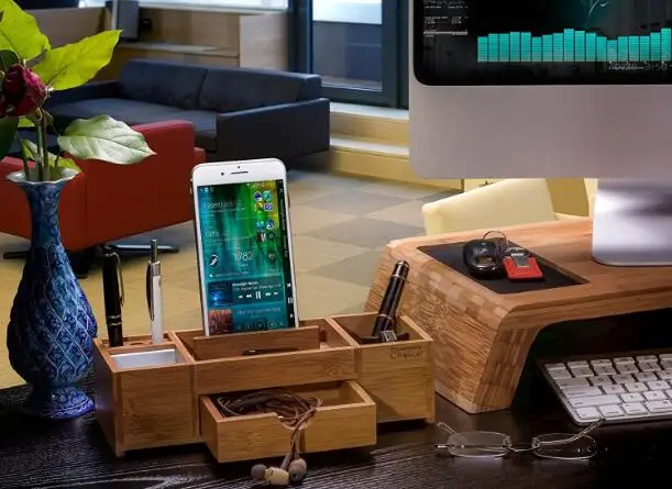 
Настольный органайзер с подставкой для телефона из бамбука 