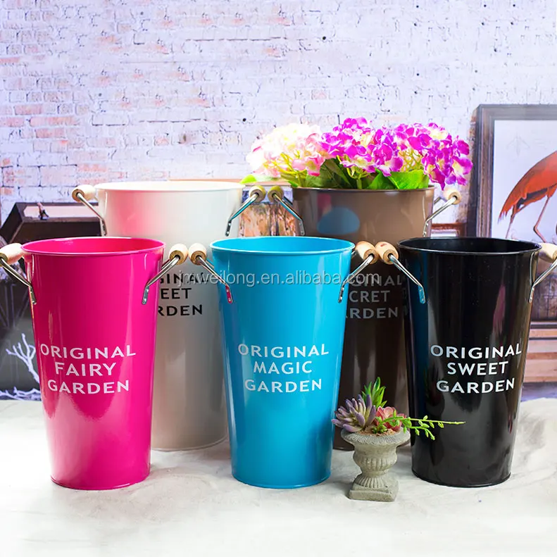 Sky Blue Matte Powder Coating Galvanized Zinc Vase Tall Flower Bucket for Wedding Decoration