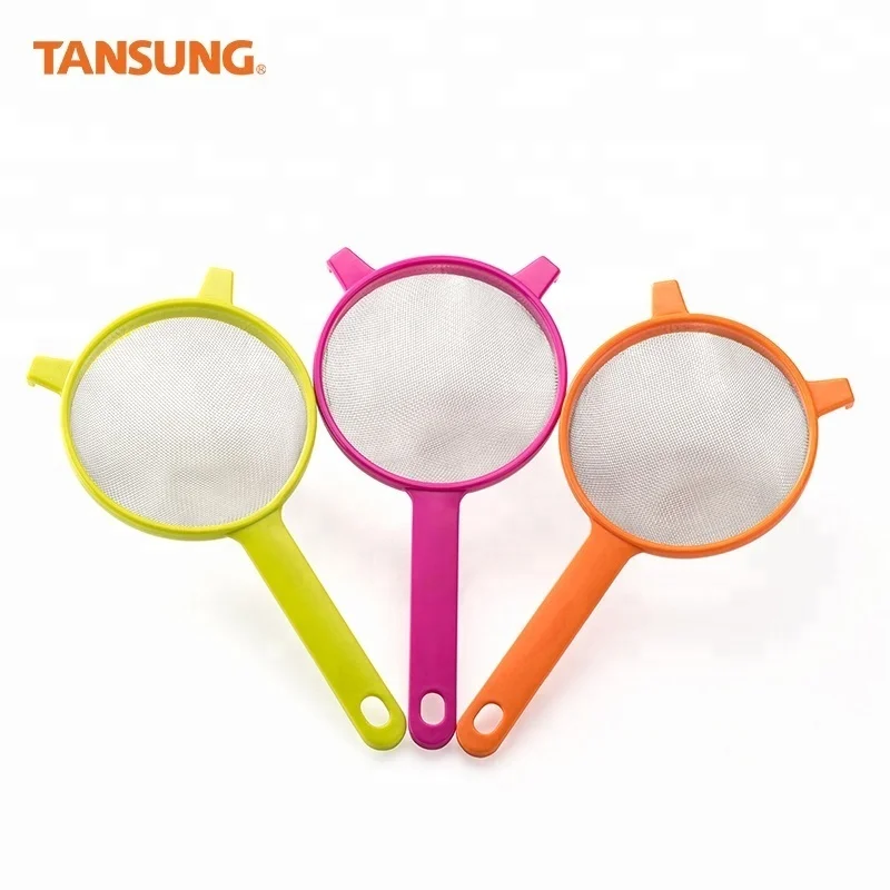 Colourful Kitchen Tool Set Food Cooking Strain Stainless Steel Mesh Strainer with Hook