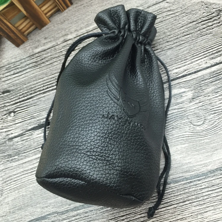 Black Round Botton Faux Leather Watch Pouch Bags with Emboss Logo