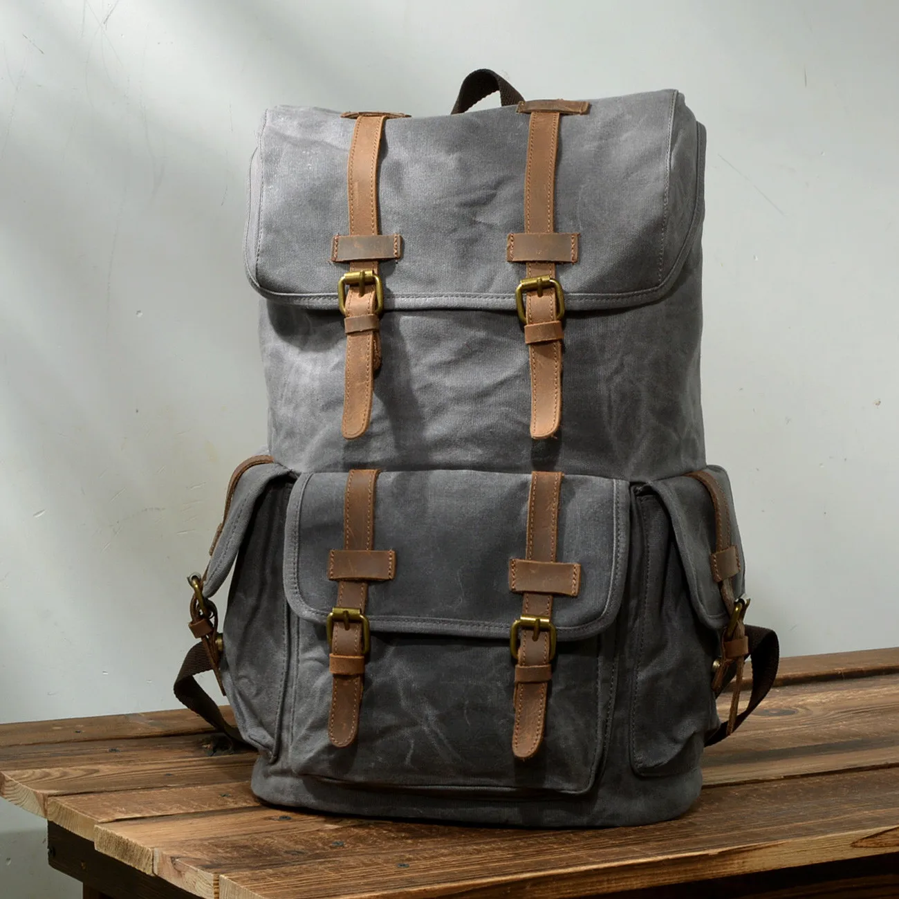 Retro waterproof waxed canvas and leather mountaineering backpack