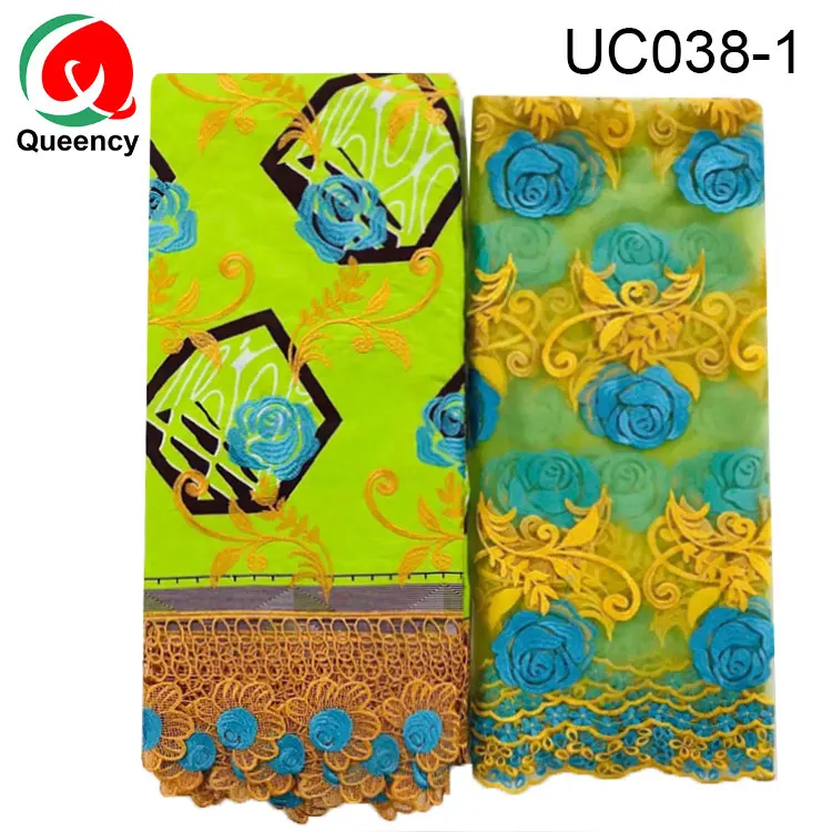 
Африканская ткань Queency с восковым принтом Анкары, вышивка перьями с кружевом, французское Тюлевое кружево 