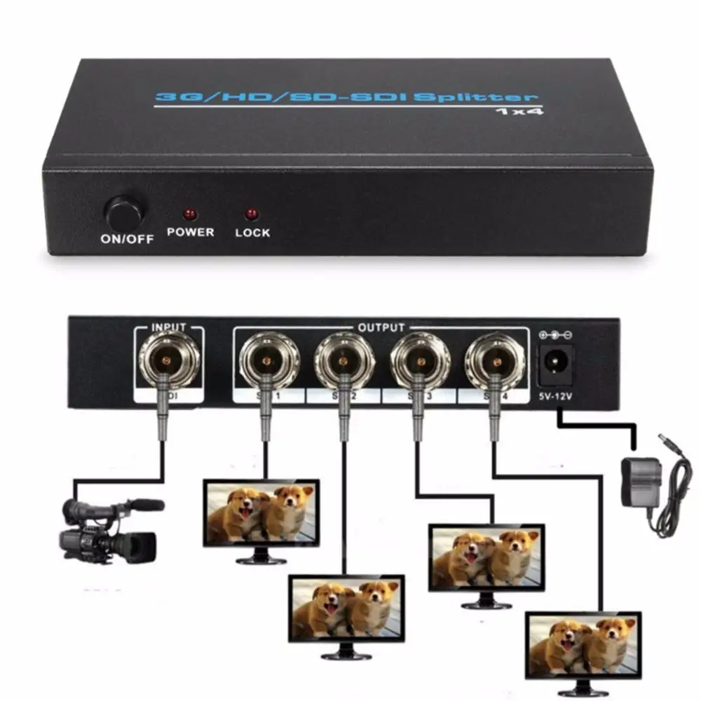 1x4 3G-HD SD-SDI Video Splitter BNC 1 in 4 Out Distributor 1920-1080p for Projector Monitor CCTV Camera Distribution Amplifier