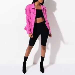 Club Wear  Neon pink Denim Ripped Long Sleeve Women Jacket