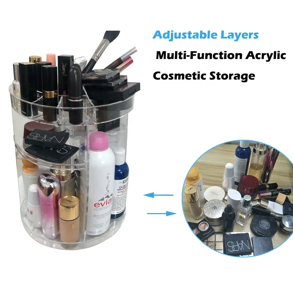 Adjustable 360 Degree Rotating Cosmetic Storage Display Case Clear Transparent Makeup Organizer