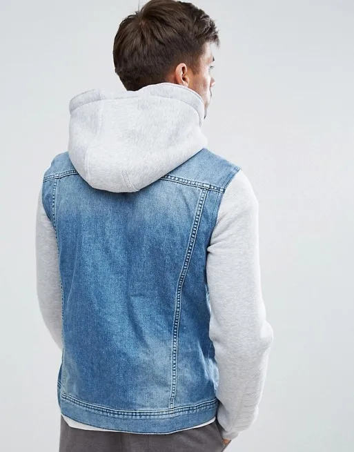 KY Cotton Spread Collar Button Placket Wholesale Denim Jacket Men With Jersey Sleeves Hood