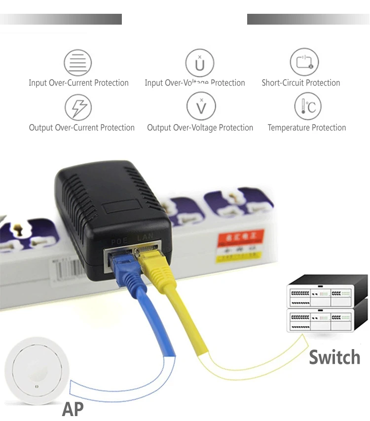 2 Rj45 Ports Switch Camera 500mA Adapter 48Volt Power Ethernet Gigabit 48V 0.5a Poe Injector 7