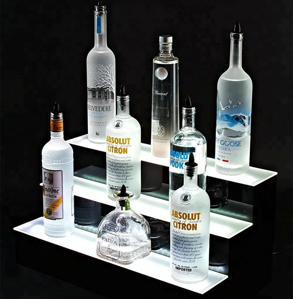 Customized 3 Step LED Acrylic Bottle Shelf  Stand Display 3Tier Led Bar Liquor Display Shelves 16"