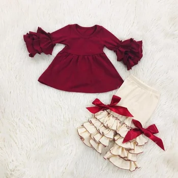 Wholesale Hot Sale Kid Boutique Clothing Sets Cotton Solid Color Tunic Top&Matching Triple Ruffle Pant Set Girl Ruffle Outfits