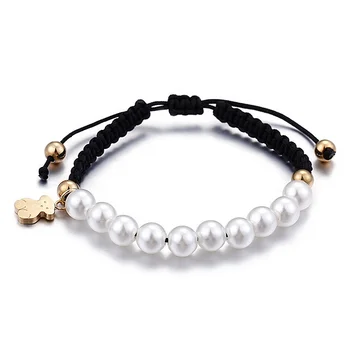 Excellent Quality Trendy Adjustable Black String Gold And Pearl Bracelet With Bear Charm