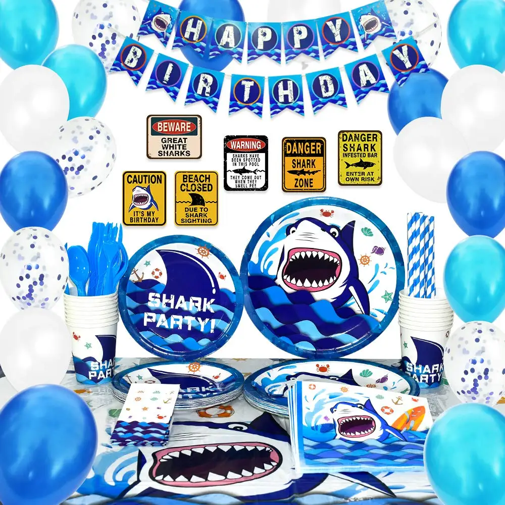 8x6 Pool Party Sharks Background Blue Pool Water Photo Backdrop We are Sharks Family Banner HZ-1154