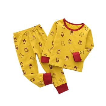 OEM Custom Unisex Pajama for Boy and Girl Cat Print All Over Long Sleeve And Pants Kids Sleepwear