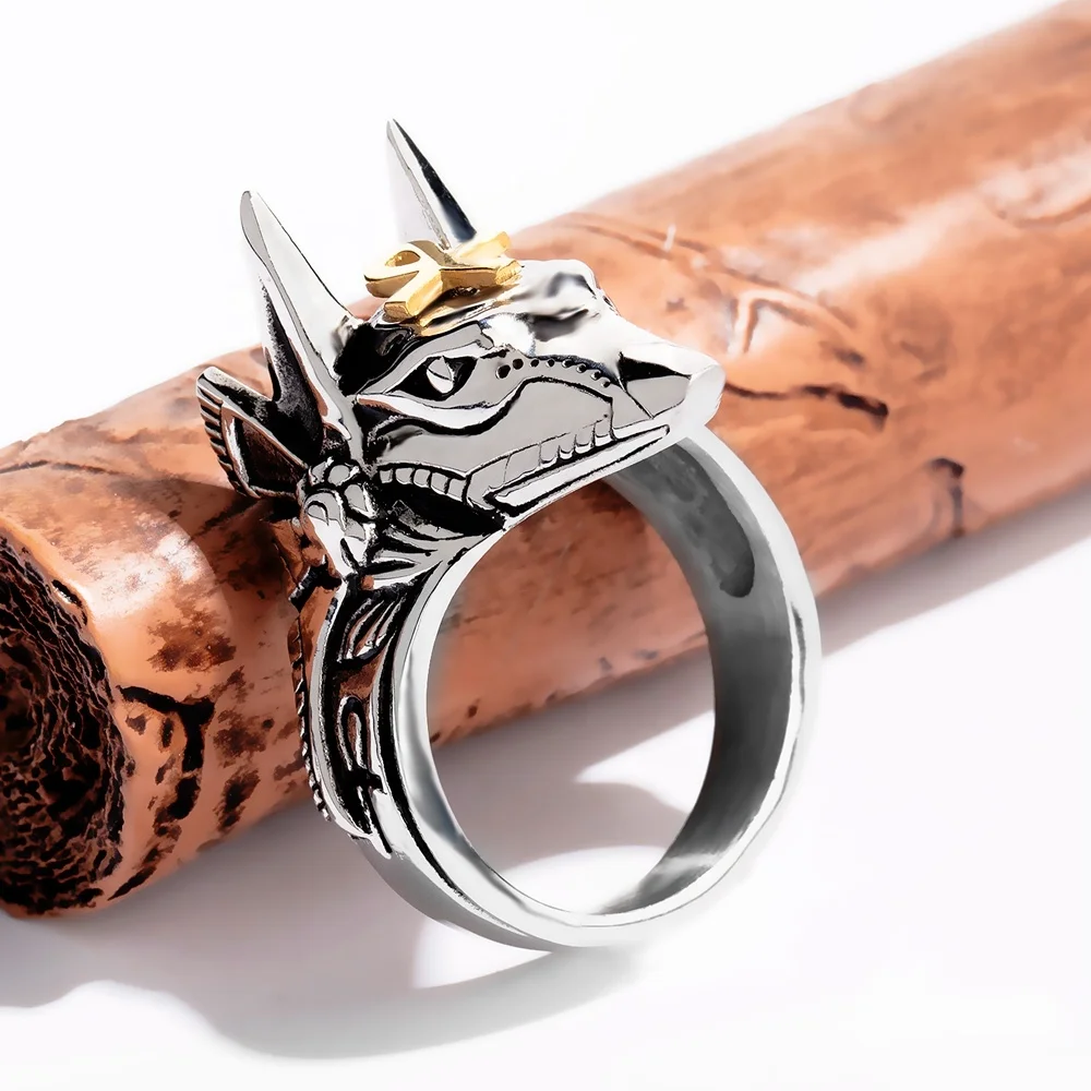 Anubis Cross Wolf Head Men Design Stainless Steel Custom Ring
