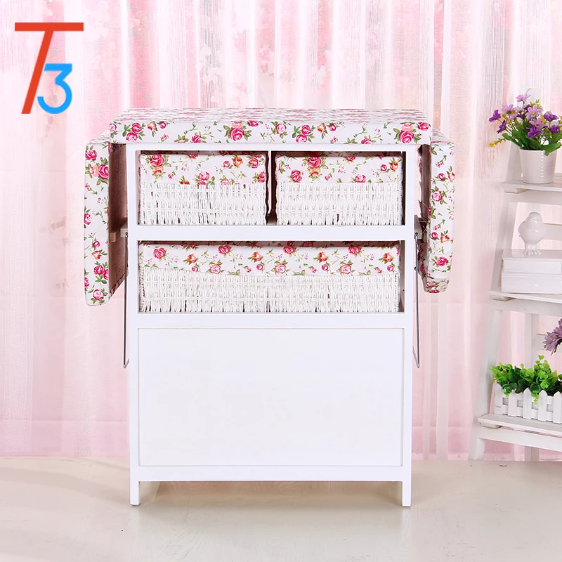 Ironing Board Table Wooden Cabinet with Storage Wicker Drawer