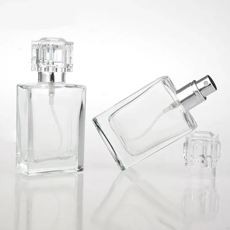 Hot Sale 30ml Rectangle Clear Transparent Glass Empty Spray Perfume Bottle Square Shape with Pump Sprayer Minimum Order 100pcs