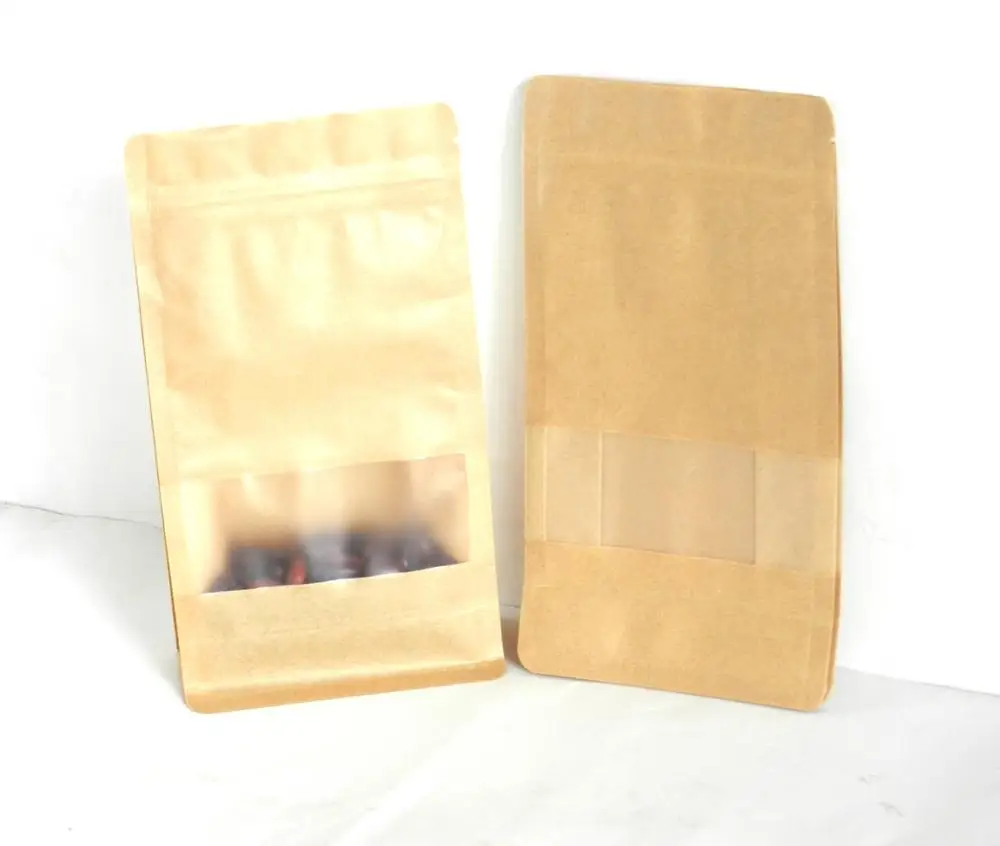 Matte Square Bottom Kraft Zip Lock Bag Recyclable Stand-Up Paper Bag with  Window for Tea Candy Pizza Food Industry