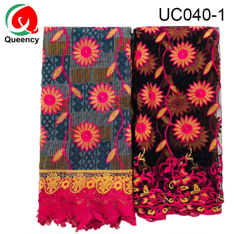 
Африканская ткань Queency с восковым принтом Анкары, вышивка перьями с кружевом, французское Тюлевое кружево 