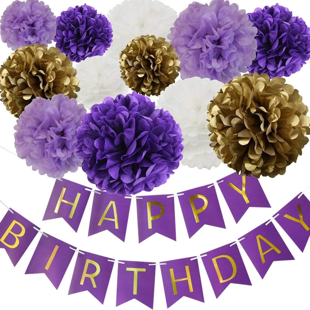 Banniere De Joyeux Anniversaire Tendance 21 10 Pieces Pompon En Papier Blanc Dore Violet Pour Decorations De Fete Et De Mariage Buy Party Decoration Happy Birthday Banner Set Paper Pompom Set Product On Alibaba Com