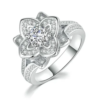 New arrival elegant ladies flower shape 18k white gold plated pave setting cubic zirconia solitaire engagement ring YG038