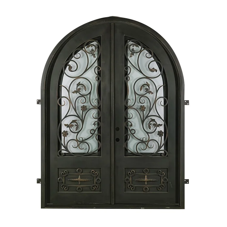 Villa Decoration Front Entry Double Wrought Iron Arch Door Church Iron Door Design