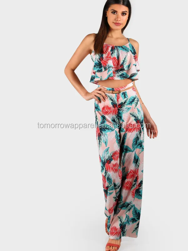 Комплект из укороченных и подходящих брюк с принтом листьев на шнуровке, оптовая продажа, модная женская одежда (TA4111SS)