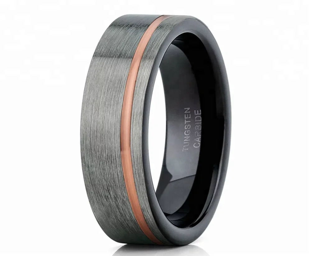 Shop Our Two Tone Gunmetal Tungsten Wedding Band with Rose Gold Line