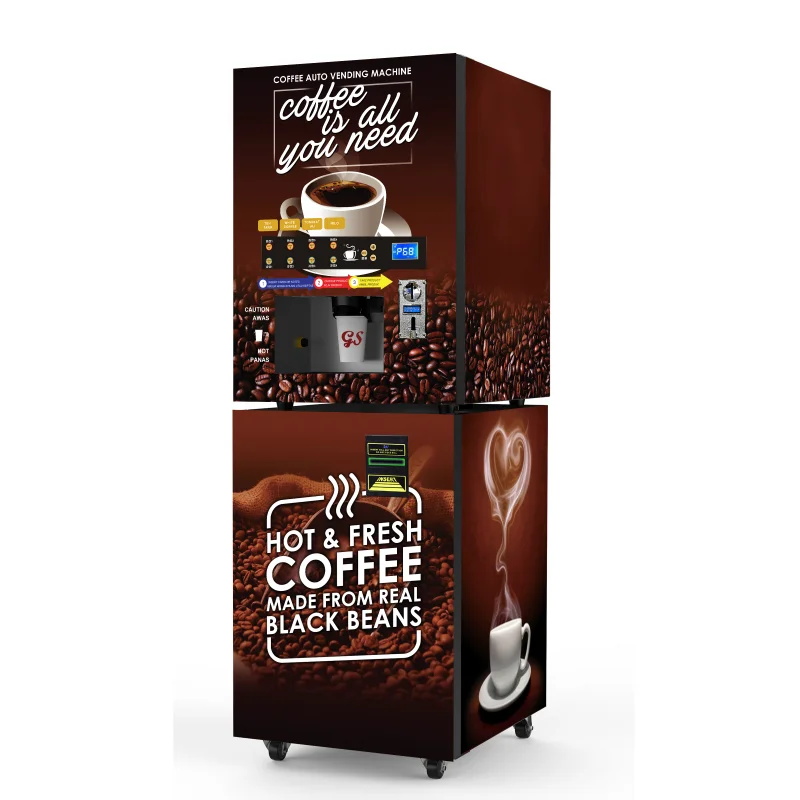 Máquina de venda automática de suco de laranja para pagamento de moedas e notas com sistema de resfriamento Máquina de venda automática de café instantâneo