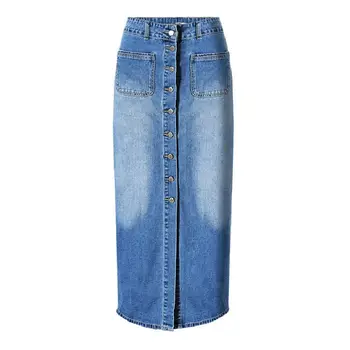 Women button - front long denim pencil skirt