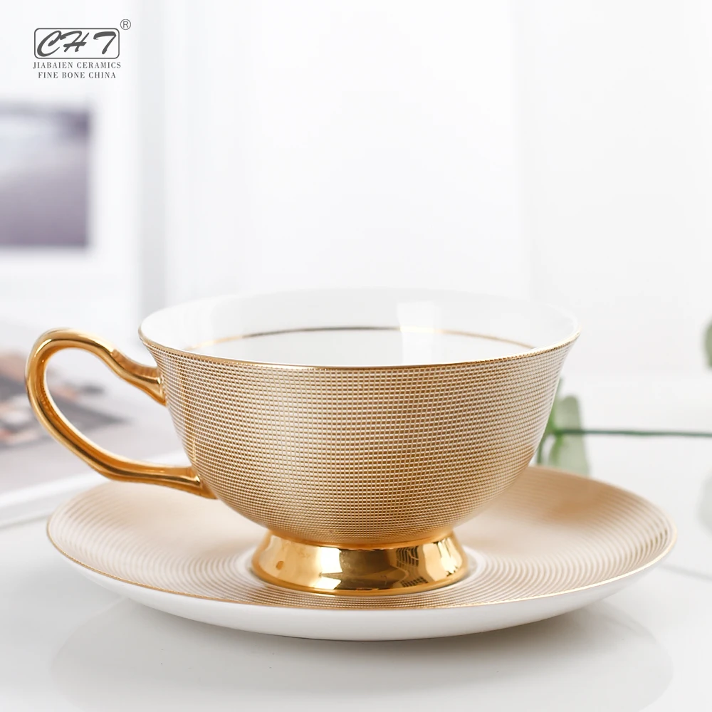 Dishwasher British Bone China Safe Style Ceramic Milk Travel Coffee Tea Cup  and Saucer Sets with Gold Handle Custom Designs