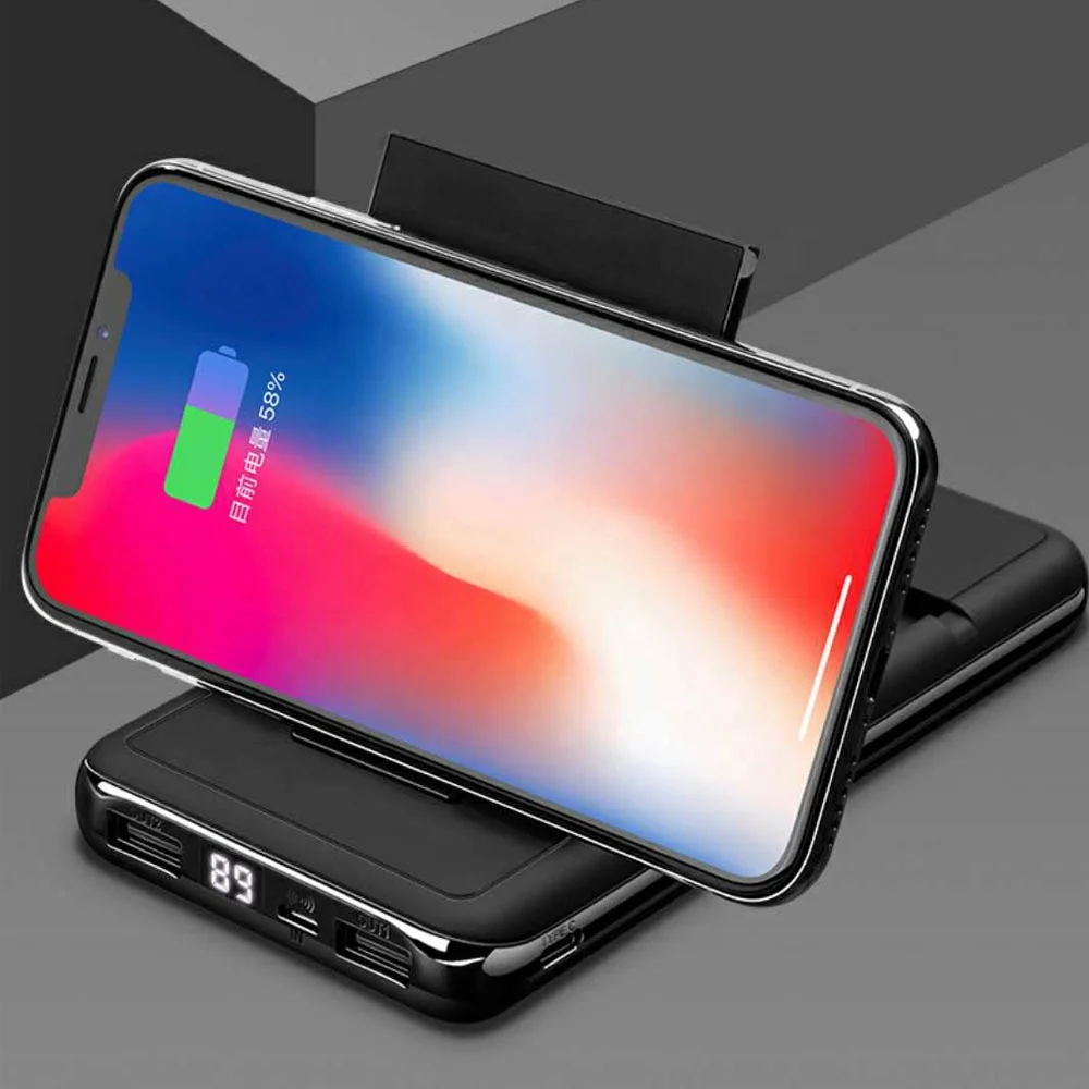 Беспроводное зарядное устройство Power Bank с подставка для мобильного телефона, 10000 мАч Qi беспроводной внешний аккумулятор банк портативного зарядного устройства совместимые телефоны