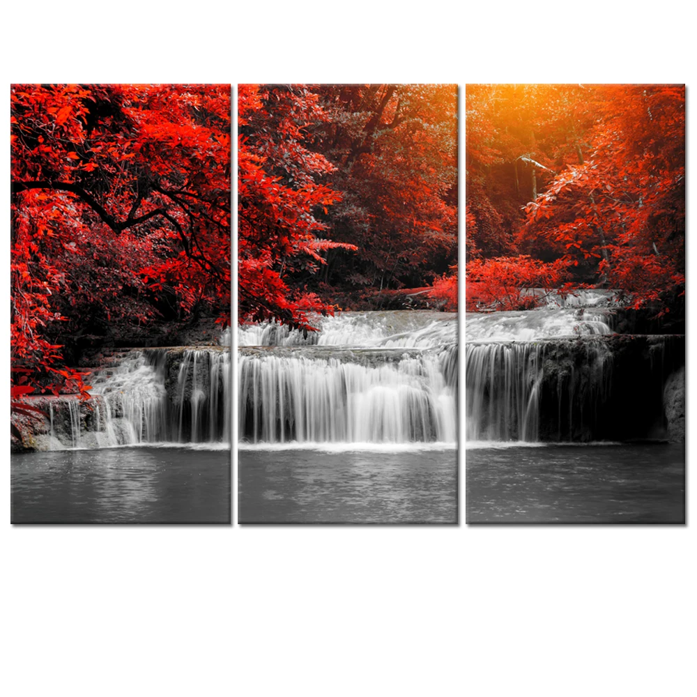 Red Forest Black And White Waterfall Picture Canvas Wall Art 