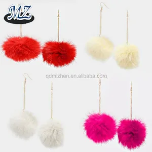 Dainty Brass and Zinc Alloy Long Chain Earring with Faux Fur Pom Pom for Wedding Party or Gift