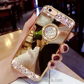 Luxury Diamond Soft Rubber Crystal Rhinestone Glitter Mirror Case for Girls with Ring Stand for iphone 5s 6/6plus 7/7plus case