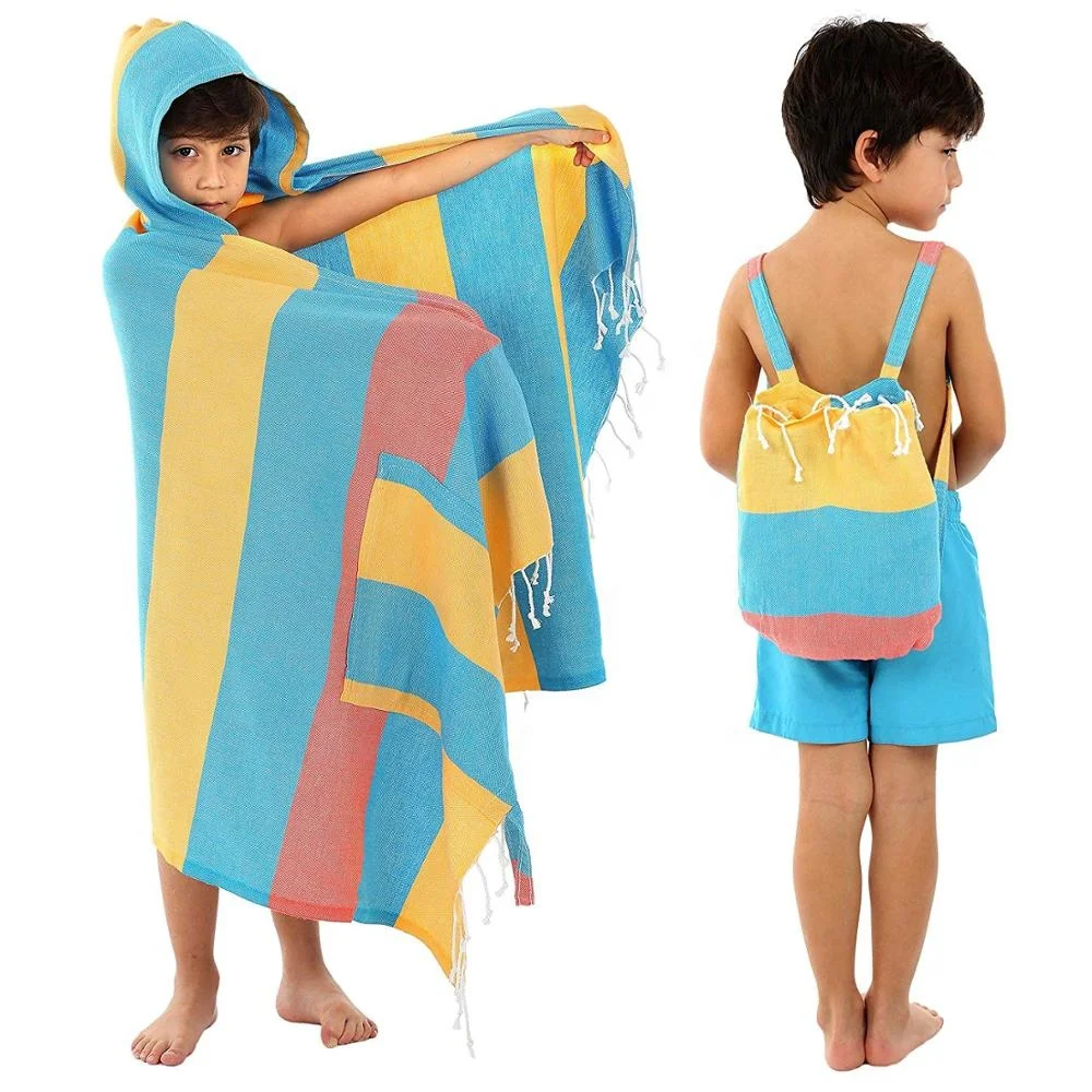 Personality Kids Poncho Towel Surf Kids Hooded Towel Custom Cotton Turkey Stripe Kids Back Pack