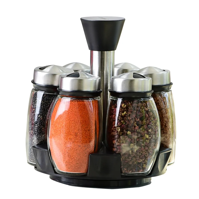 Rotating Glass Cruet 7Pcs Eco Friendly Spice Pepper Salt Shakers Condiment  Set