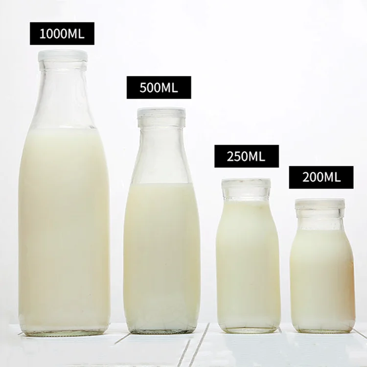 Customized 200ml 250ml 500ml 1000ml clear Round Glass Milk Bottle With Metal Cap