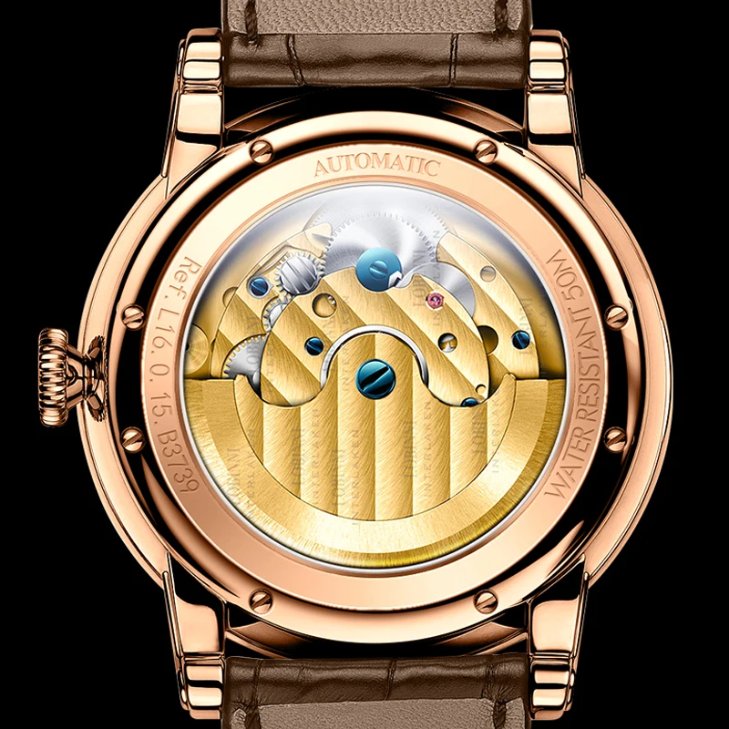 Lobinni 16015 Men's Brown Leather Skeleton Watch - Automatic