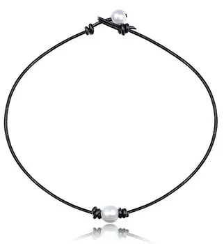 B501 Pearl Choker Necklace Rope Leather PU Natural Collar Necklace Boho Summer Party Necklace