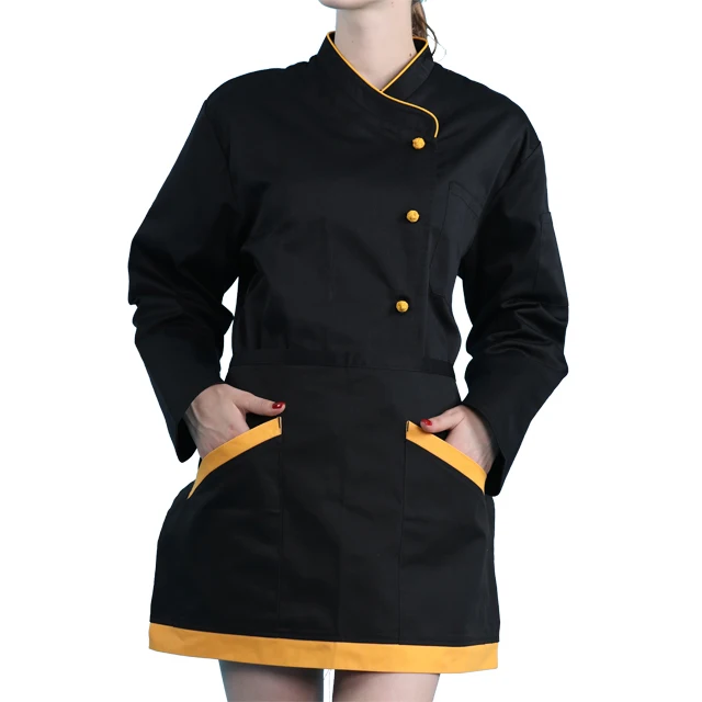 Polyester Cotton Blend 195GSM to 235GSM Black Body Orange Piping Border Button  Latest Cook Wear Single Breasted Chef Uniform