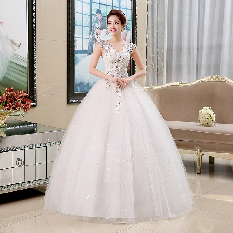 DIS Plus Size Lace V Neck Cheap Wedding Dress 2015 Summer Style Fashionable Sequined Bridal Gowns