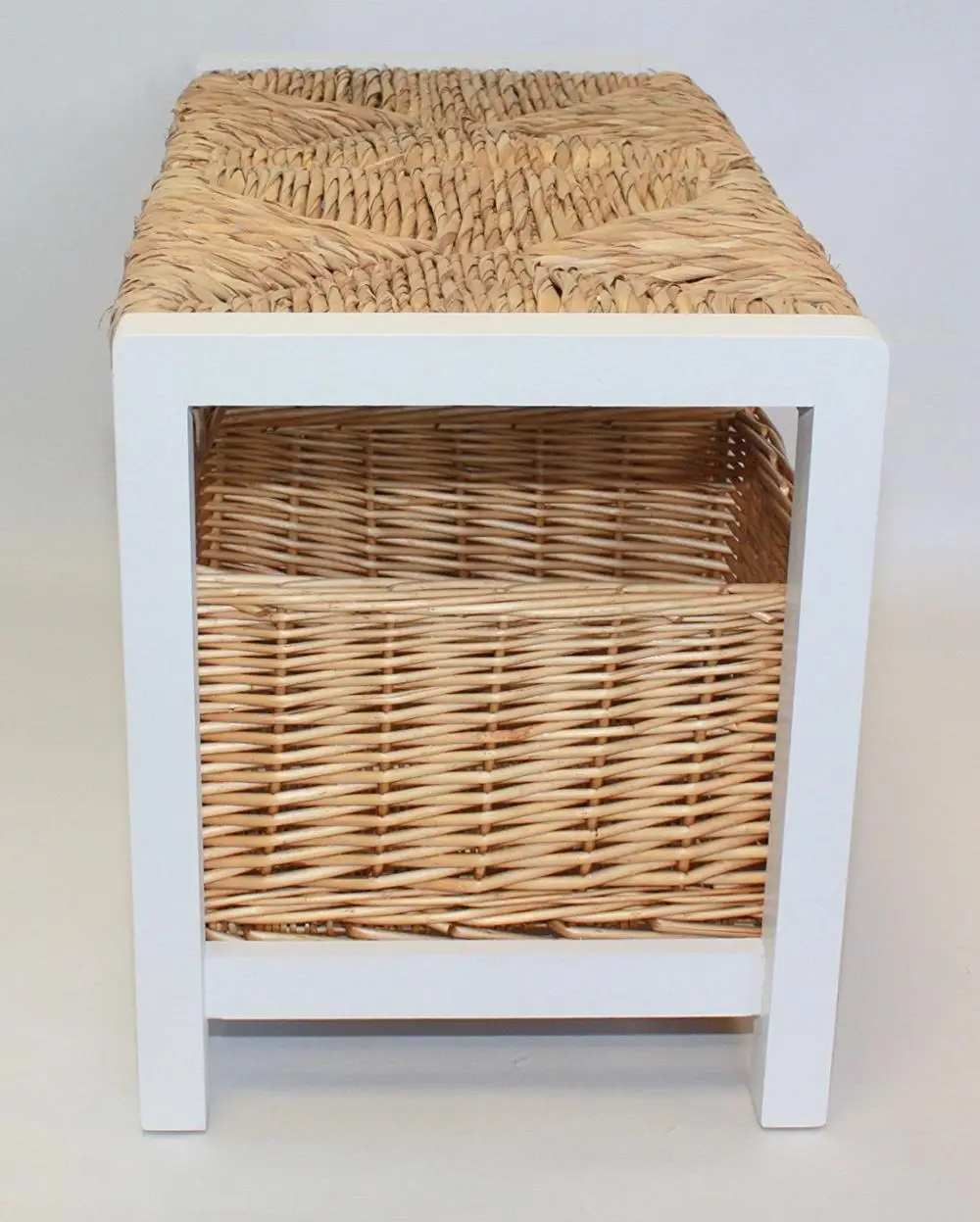 White Two Seater Wooden Storage Bench With Wicker Baskets and Seating